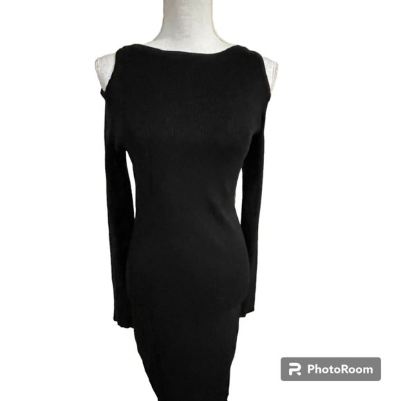 Cold Shoulder Long Sleeves Ribbed Sweater Midi Bodycon Dress - Black - XL - Picture 14 of 14